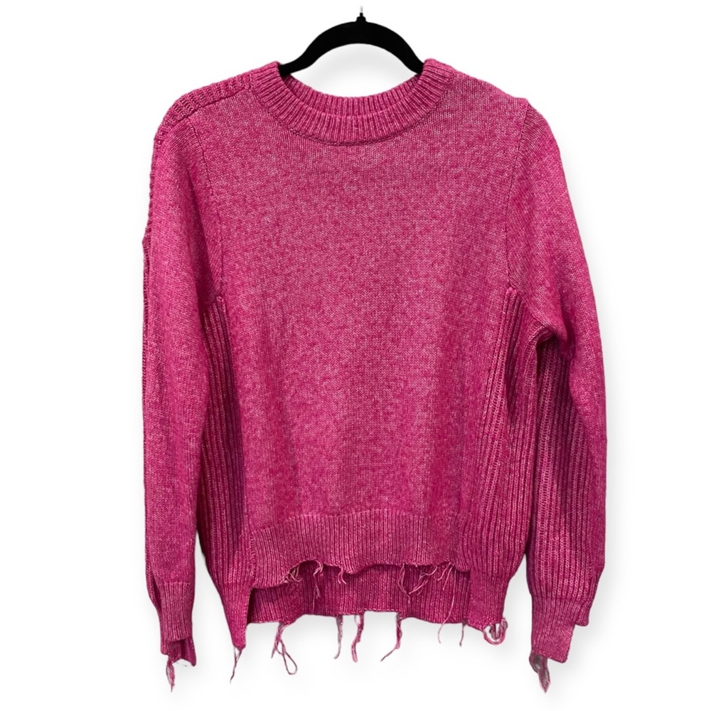 Splendid Fine Knit Crewneck Frayed Ripped Hem Sweater Hot Pink Medium